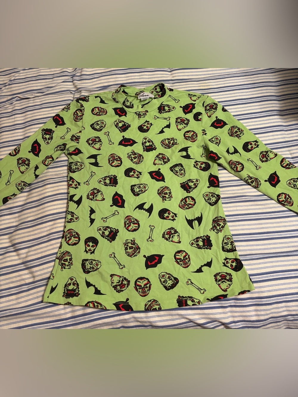 Vixen by Micheline Pitt ' Green Halloween Monster Print Long Sleeve Top